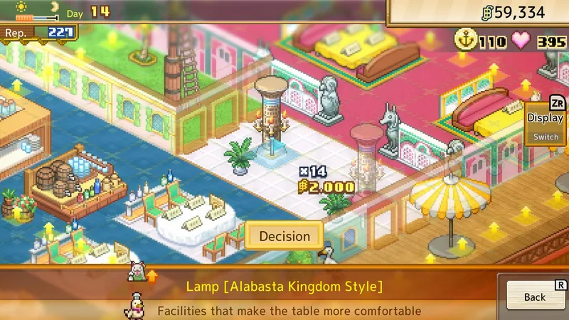 Furniture placement in ONE PIECE: Grand Gourmet, with Lamp [Alabasta Kingdom Style] selected, its name below and a displayed price of 2,000.