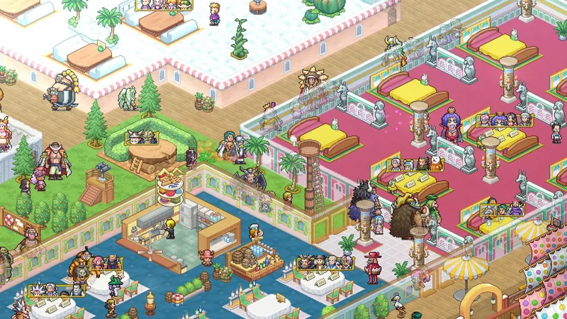 Grand Gourmet’s restaurant with a kitchen at lower left and guests walking between tables in differently decorated dining areas.
